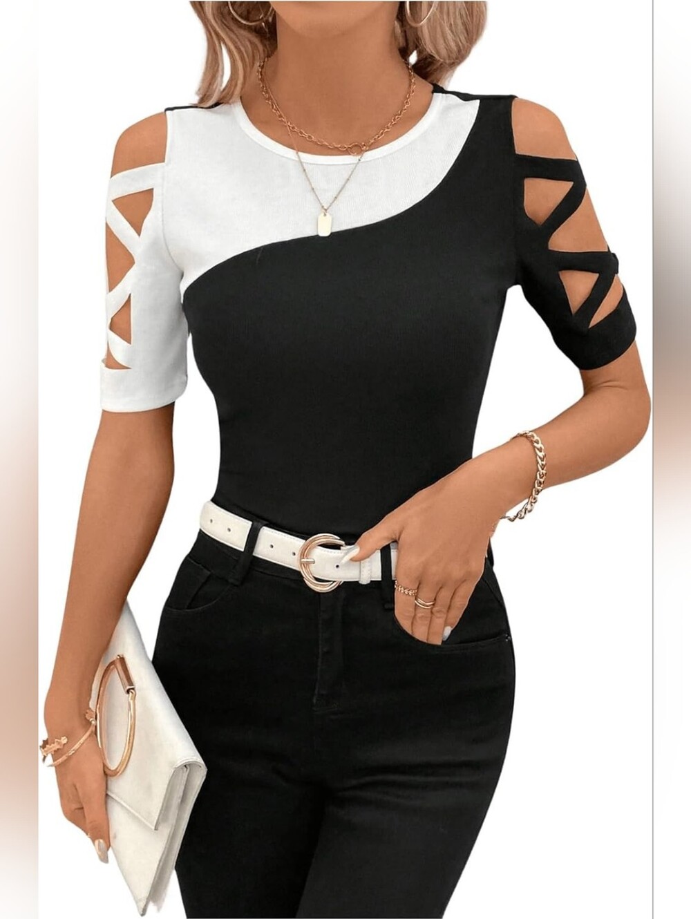 NWT Floerns Women's Black & White Cold-Shoulder Lattice Tee - Size M
